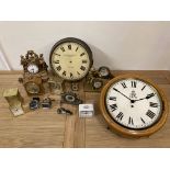 Two boxes of carriage, mantle and travel clocks, including circular oak cased wall clock case,