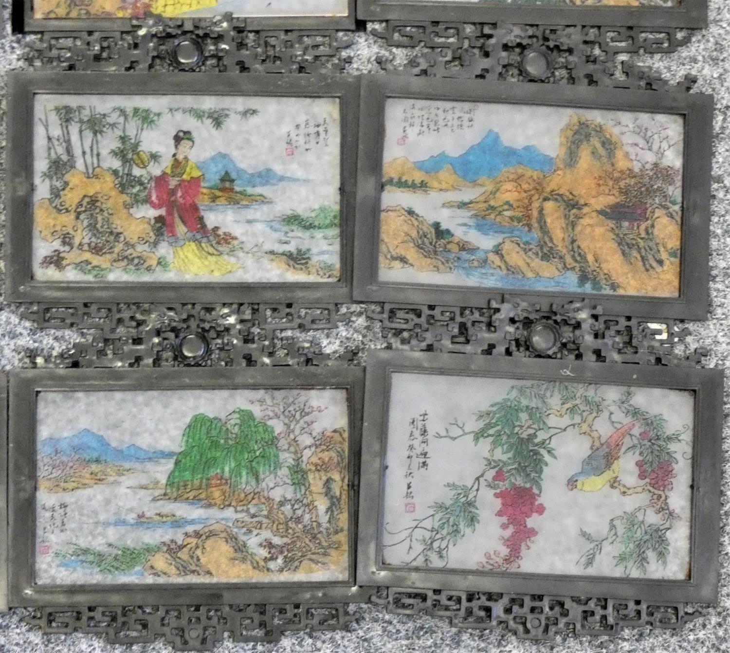 Eighteen mounted glass panels decorated with Oriental scenes. - Image 2 of 2