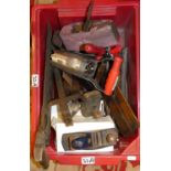 A box of various tools, to include wooden planes, drill, door knobs, cold chisels, gauges and a