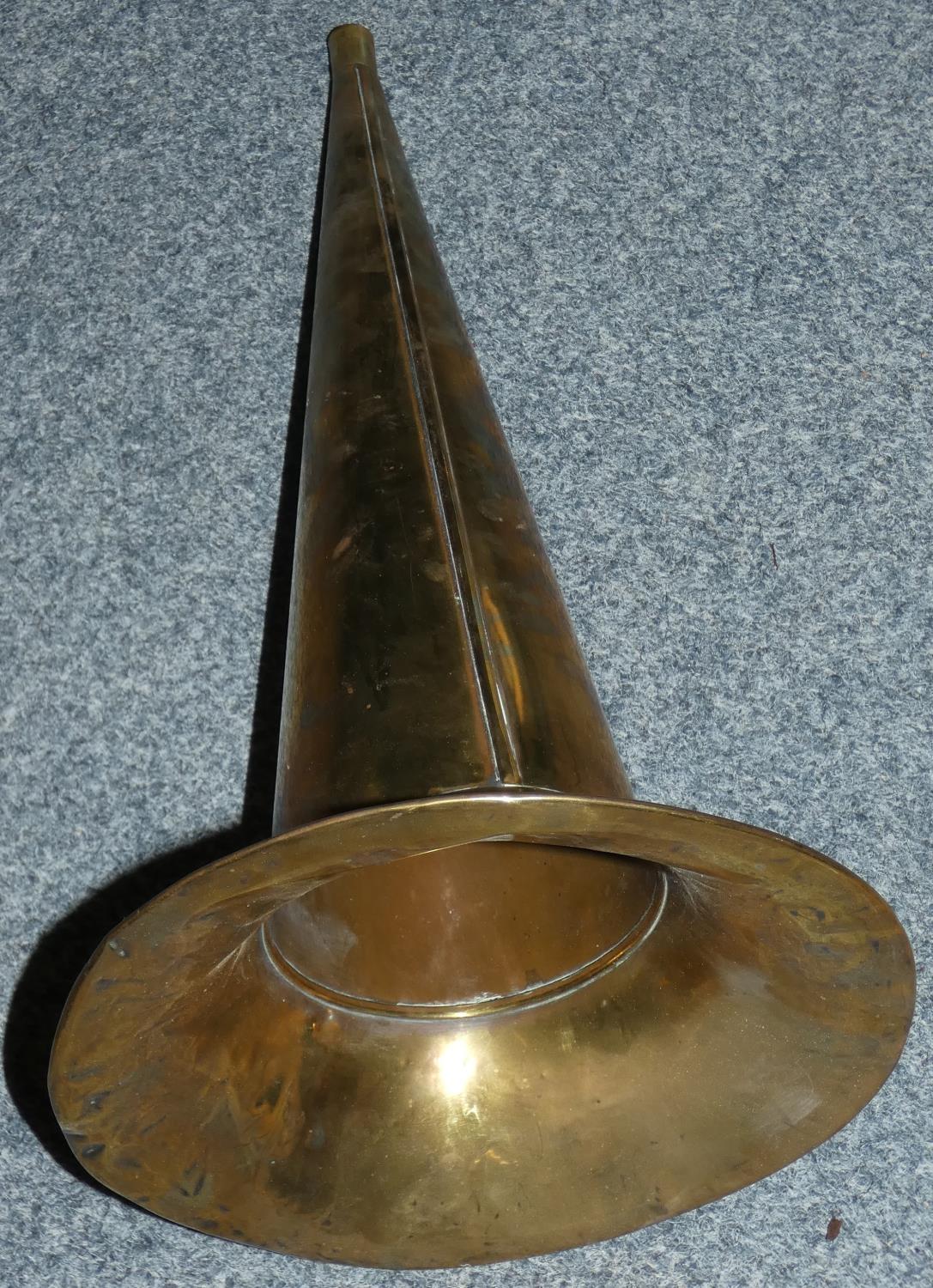 A cased portable wind up gramophone, RDC 31877, lacking pick up, with brass horn, together with - Image 2 of 4