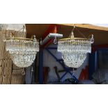 A pair of glass droplet and gilt metal light shades lacking electrical fittings