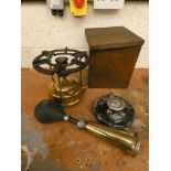 A brass Veritas camping stove, a King of the Road car horn and a Servis truck time recorder (3).