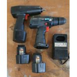 A Snap On 3/8" cordless impact wrench, CTU30, a 10mm driver/drill CDRU20 (not working), three