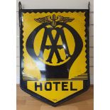 A vitreous enamel double sided, bracket hung AA Hotel sign, 80 x 56 cm.