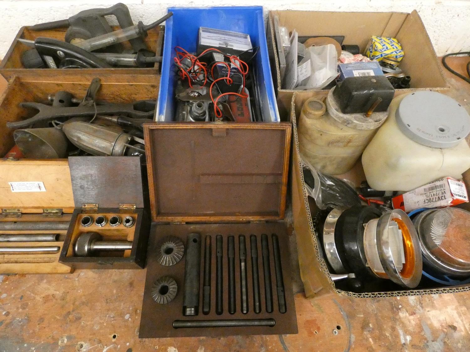 An auto jumblers lot, to include a Pickavent Valve seat grinder and battery testers.