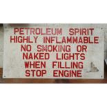 An alloy Petroleum Spirit sign, 36 x 69 cm, a Restricted Area sign, 20 x 30 cm, a No Access sign, 30