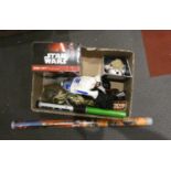 A collection of Star Wars collectibles including a Boba Fett 3D deco light, neck purses, ceramic