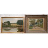 Thomas J. Jameson, river with house scene, oil on canvas, dated 3 Aug 1898, 40 x 60 and H. Burhidge,