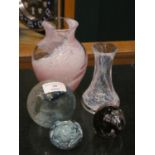 A Caithness paperweight, 2 Scottish paperweights and 2 glass vases