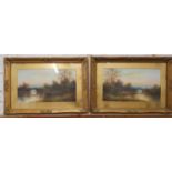 Unsigned, a pair of Edwardian river with bridge scenes, oil on card, 25 x 45 cm.