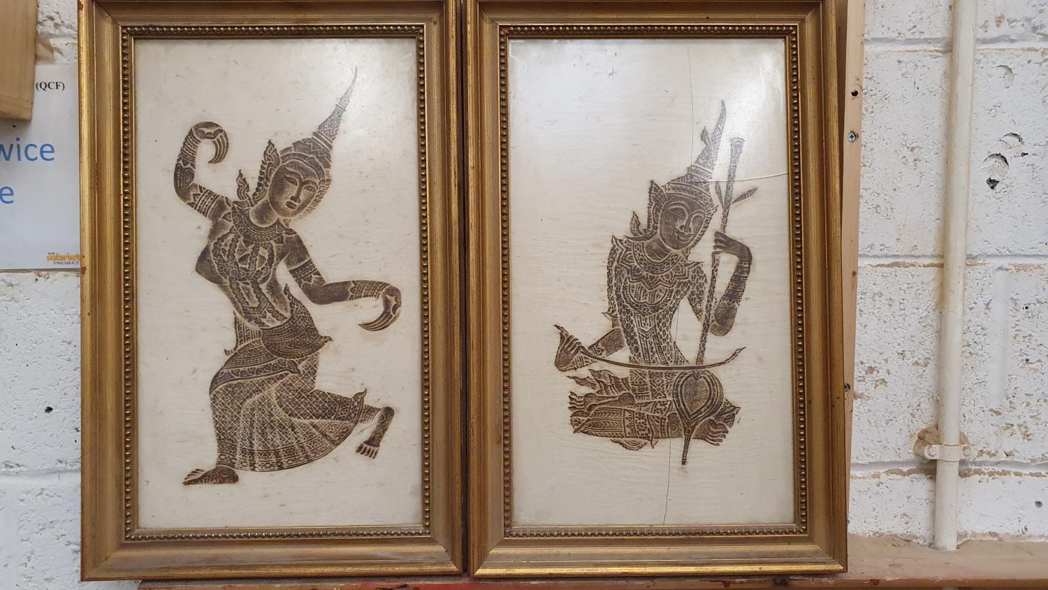 A pair of Indian Batik prints on silk, 49 x 28 cm and A Chinese wood block print (3)