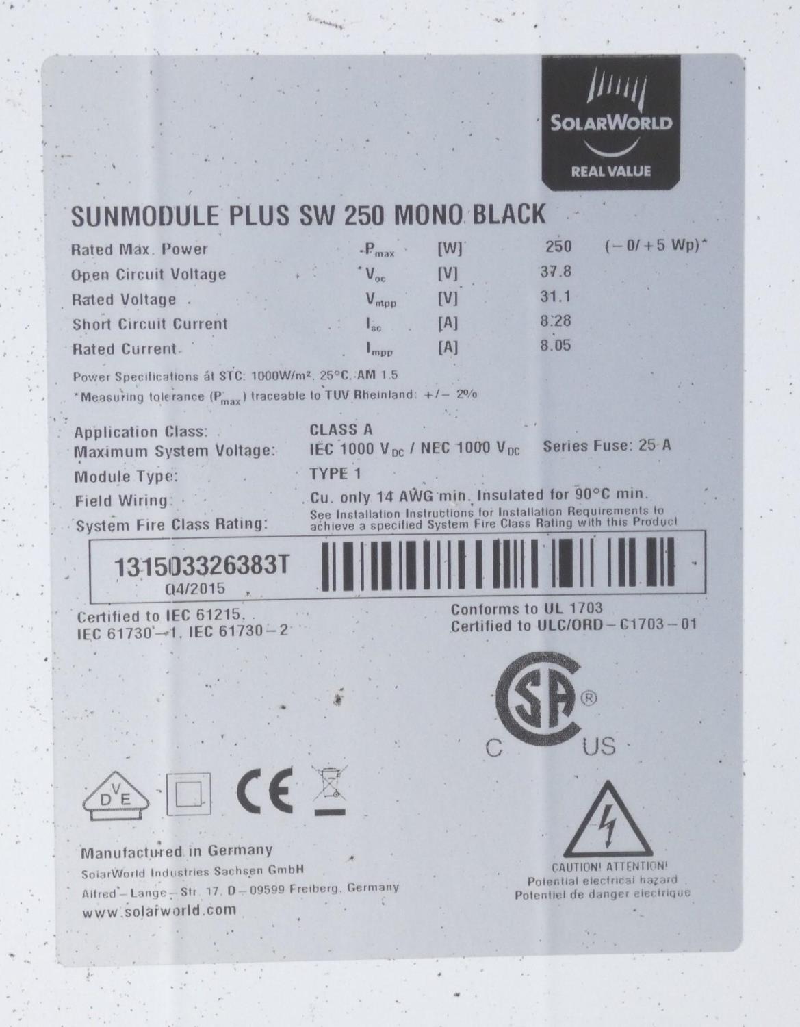 Eight Sunmodule Plus SW 250 mono black solar panels with fittings. Dimensions- Length:1675mm Width: - Image 4 of 5