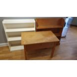 Two pine bookcases and a pine desk with lockable drop drop down panel