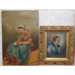 19th century Continental school, red with red scarf, oil on canvas, 24 x 20 cm and another oil on