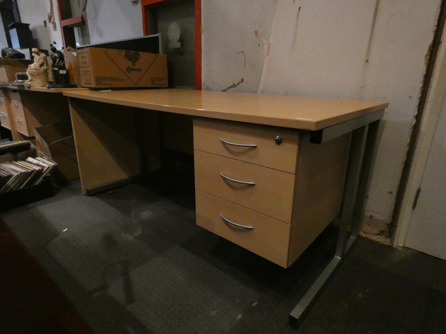 Three large light beech laminate office desks with attached three drawers. width- 160cm, depth- 80cm