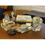 A cased and loose dressing table sets together with silver plate mirrors, onyx cigarette lighters,