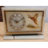 A white onyx mantle clock with hand painted pheasant decoration base AF 19 x 26 cm