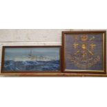 A German WWII vest front, an HMS Monarch silk crest, an oil painting of HMS Colombo, a WWI