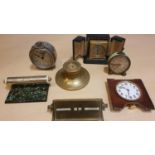 A Zenith Watch Co boudoir timepiece, case, a brass inkwell with watch, two desk calendars and