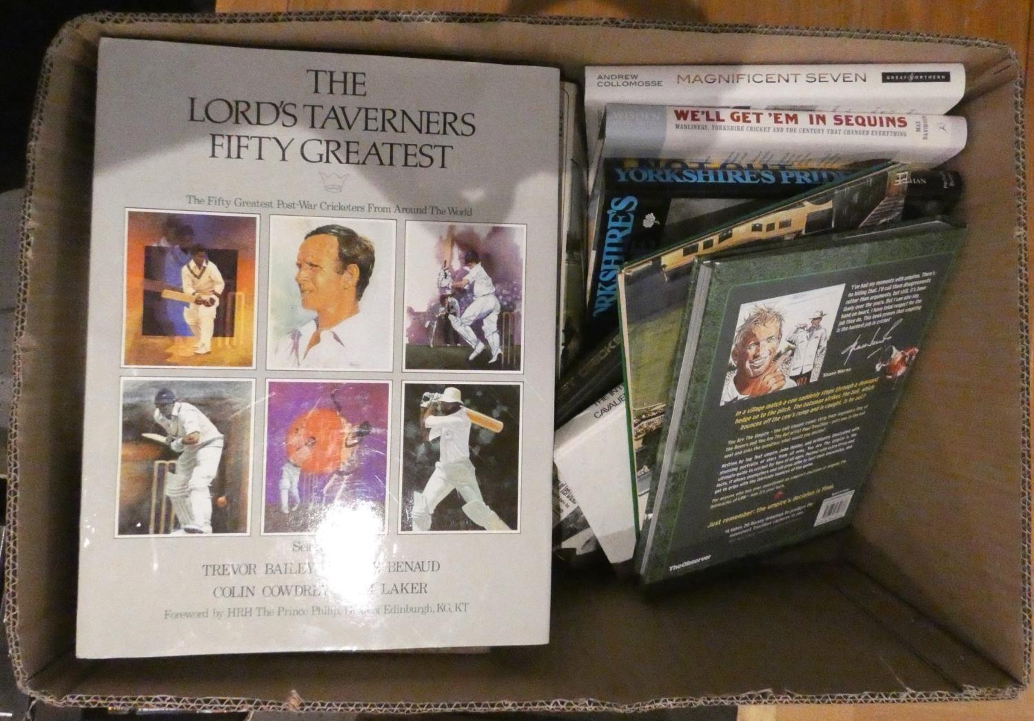 A box of primarily cricket related hardback books titles to including- The Lords Taverners Fifty