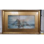 A E Daniels, Castle Rock, Plymouth, signed and dated 1871, watercolour, 25 x 50 cm.