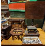 A Victorian mahogany tilt top tripod table, a Victorian swing mirror stand, an insect montage and