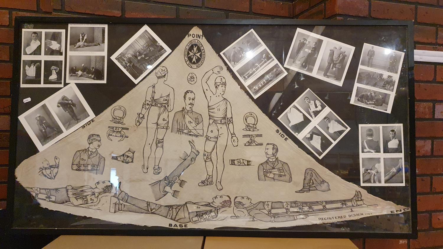 A St John ambulance bandage display, framed,