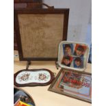 A Beatles metal tray, a tapestry mounted fire screen, a Samson beer mirror and other items.