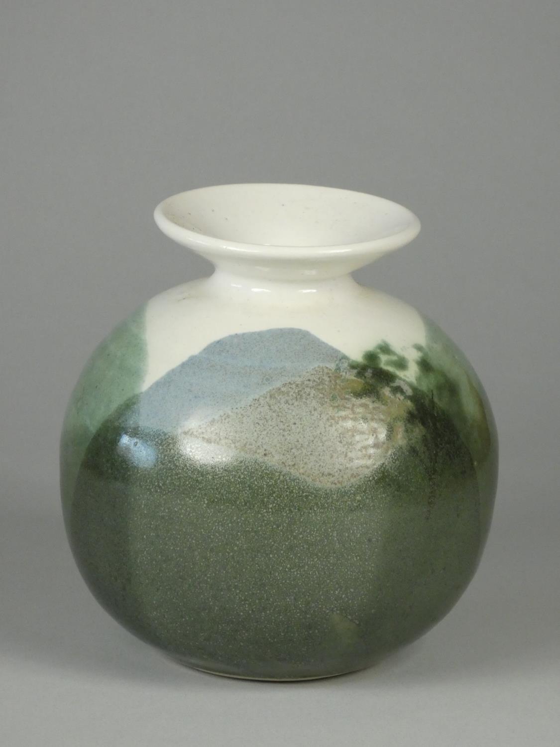 Syl and Ray Marco white ceramic vase, with green and blue glaze, impressed mark on base, height 13.5