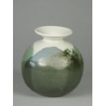 Syl and Ray Marco white ceramic vase, with green and blue glaze, impressed mark on base, height 13.5