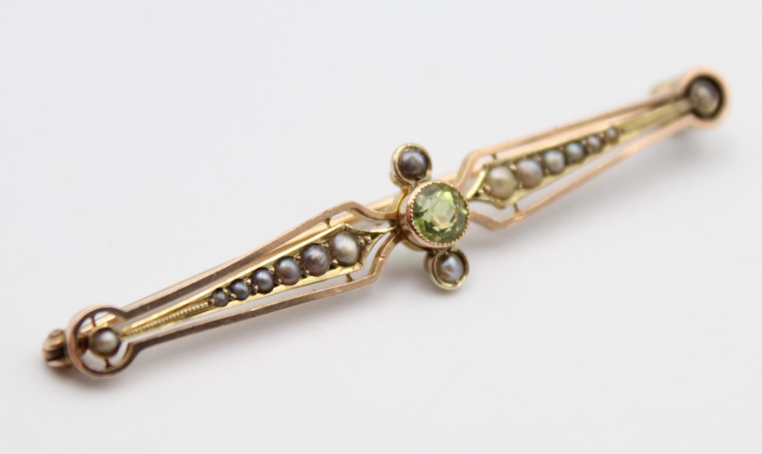 A Victorian gold and half pearl bar brooch, with trefoil designs and a 9ct gold peridot and pearl - Image 7 of 11