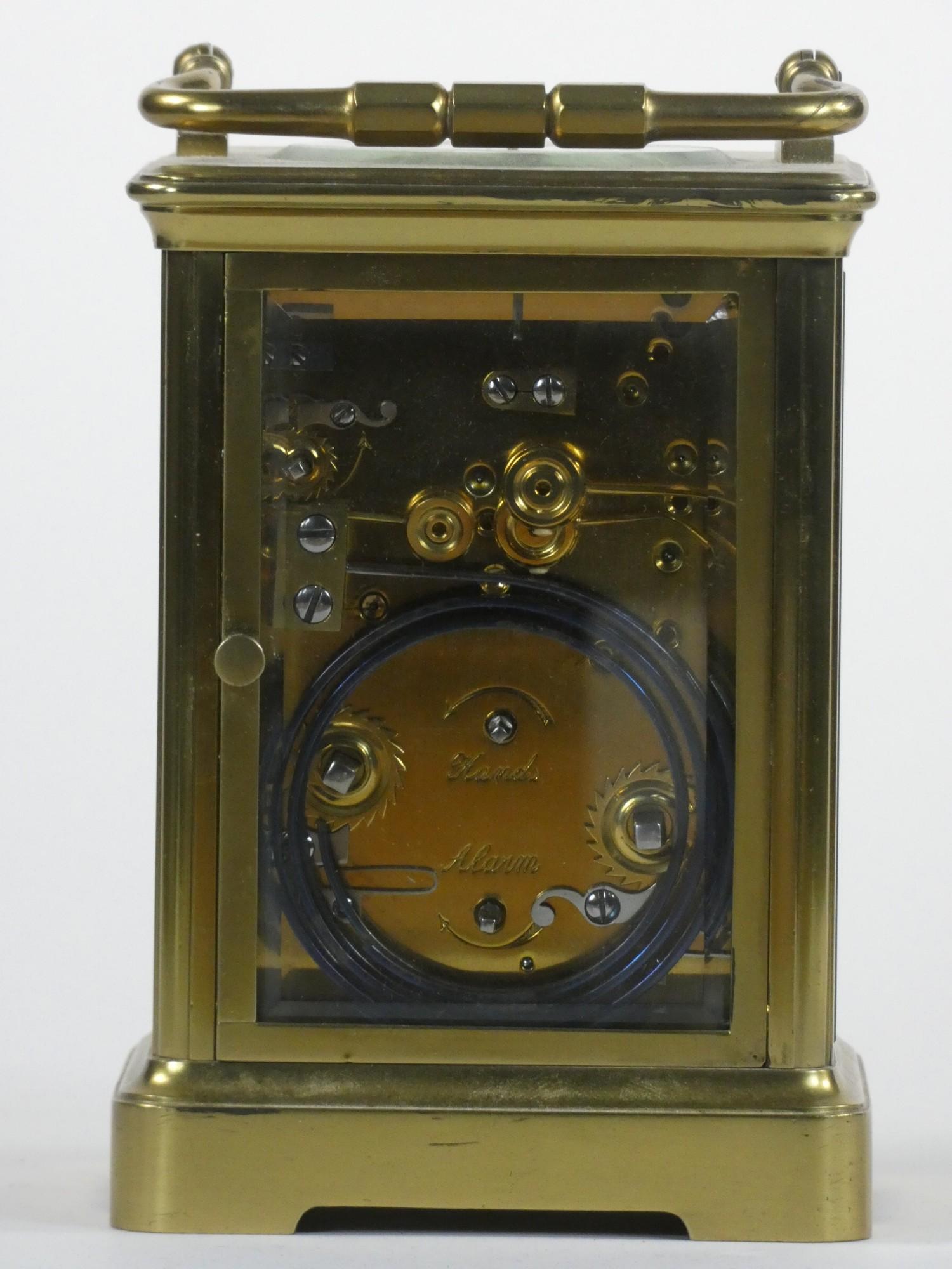 A brass carriage striking, repeating and alarm clock, the white enamel dial unsigned, subsidiary - Image 3 of 6