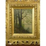 Josephin Leloing, (French 19th century), Lakeside Scene, oil on oak panel, 21 x 16 cm. Label verso