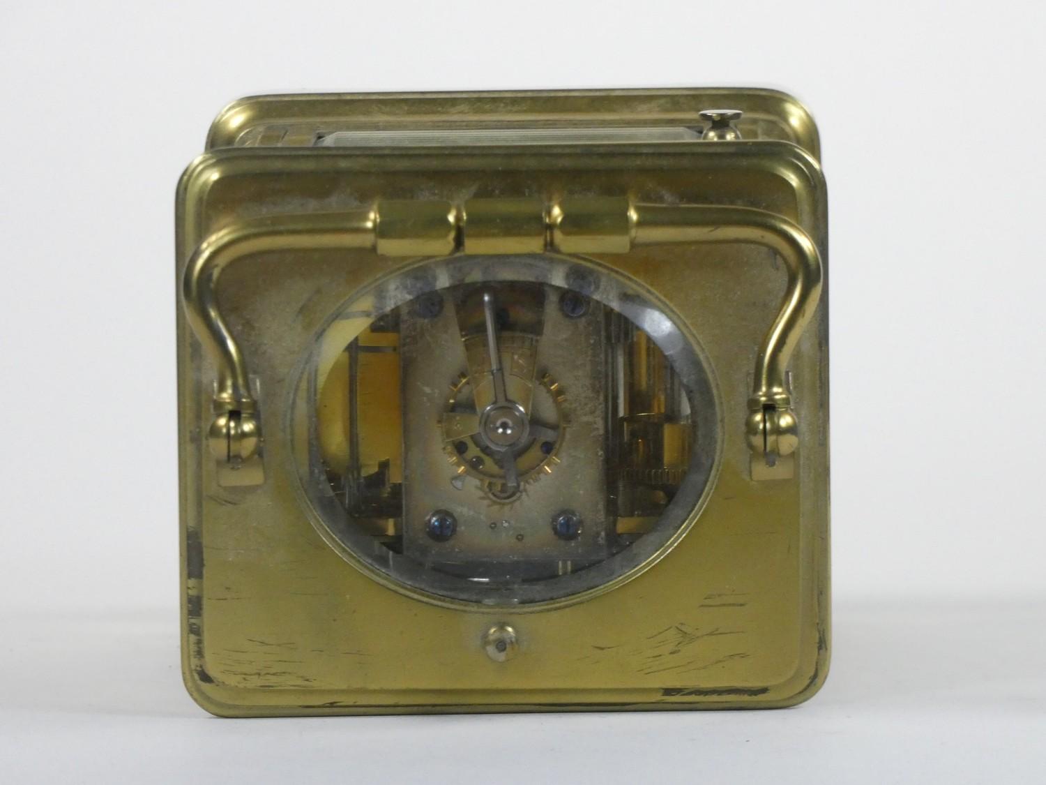 A brass carriage striking, repeating and alarm clock, the white enamel dial unsigned, subsidiary - Image 5 of 6