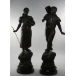 After A. Cadet, a 19th century French large pair of cold painted spelter figures, depicting a