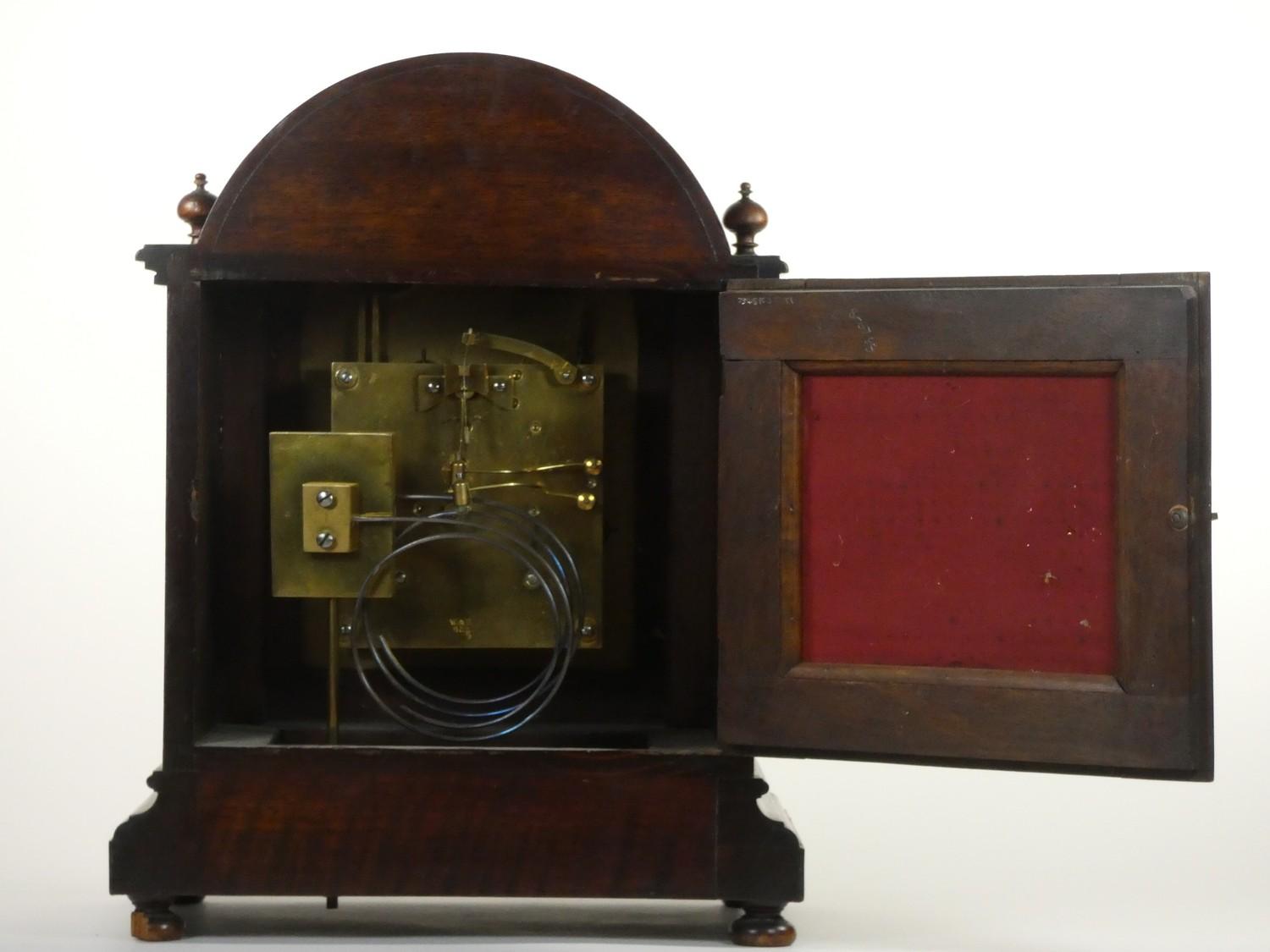 An Edwardian mahogany mantle clock, with silvered dial, subsidiary chime/silent and fast/slow dials, - Image 4 of 6