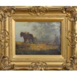 P. Foley, a pair, horse and plough and cattle by a river, signed, oil on canvas, 20 x 28cm.