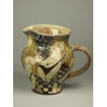 Nick Chapman, a blue, cream and yellow glazed clay jug with gold and pink detail, sketched female