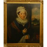 Early 19th century, Mrs Eldridge, portrait with a lace bonnet, unsigned, oil on canvas, 76 x 63