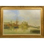 Walter Goodin (1907-1992), Sailing Ship in Princes Dock, signed, oil on board, 59 x 90 cm.