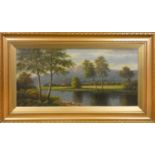 Cland, river scene with farmhouse, signed, oil on board, 35 x 72 cm.