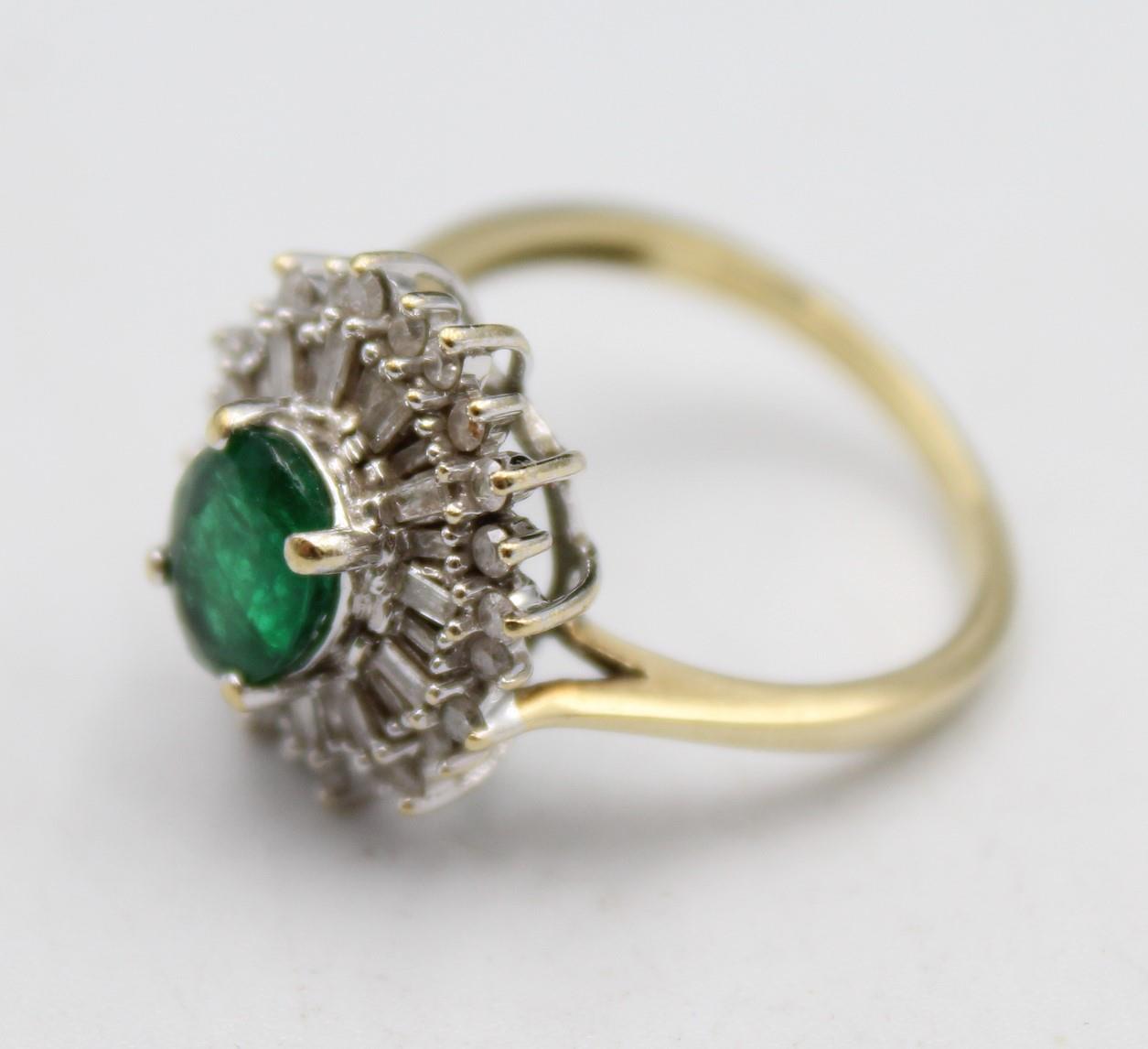 A 9ct gold emerald and diamond cluster ring, the claw set oval stone bordered by baguette and - Image 2 of 5