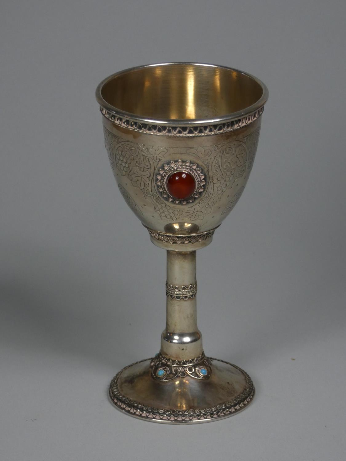 An Israeli silver goblet, by Stanetzky, with applied wirework and semi-precious stones, chased - Image 3 of 9