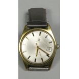 Omega, a gold plated manual wind date gentleman's wrist watch, silver dial with baton markings, dial