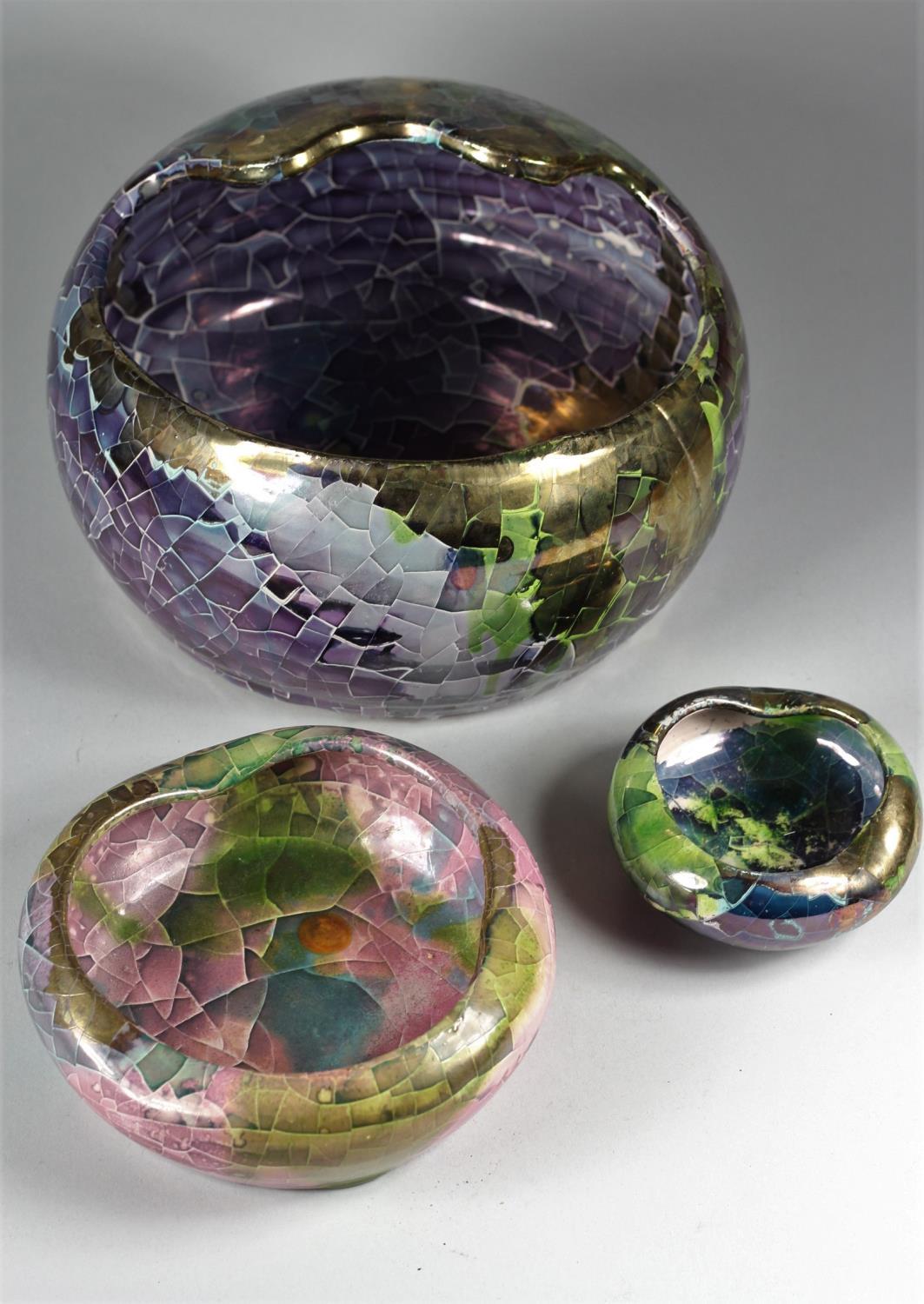 Claudio Pulli (Italian), a poly-chrome glaze bowl, height 15 cm, diameter 20 cm, together with two - Image 2 of 3