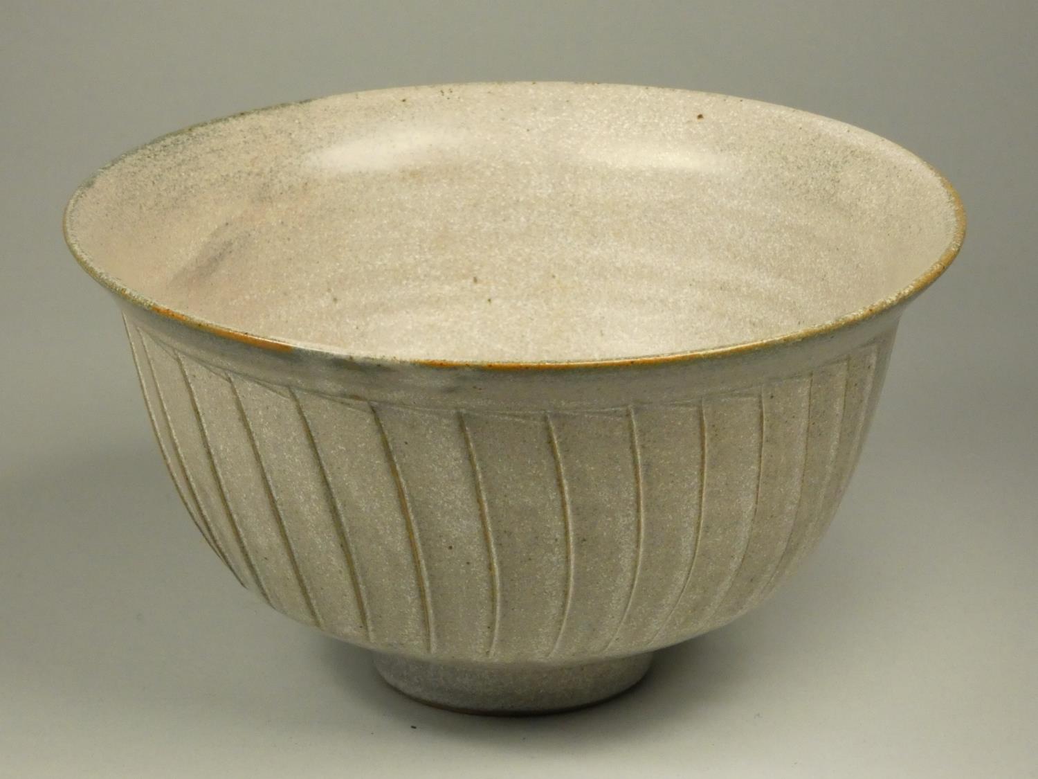 David Leach, a grey glazed porcelain fluted bowl, impressed LD seal, height 10.5 cm, diameter 19.5