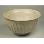David Leach, a grey glazed porcelain fluted bowl, impressed LD seal, height 10.5 cm, diameter 19.5
