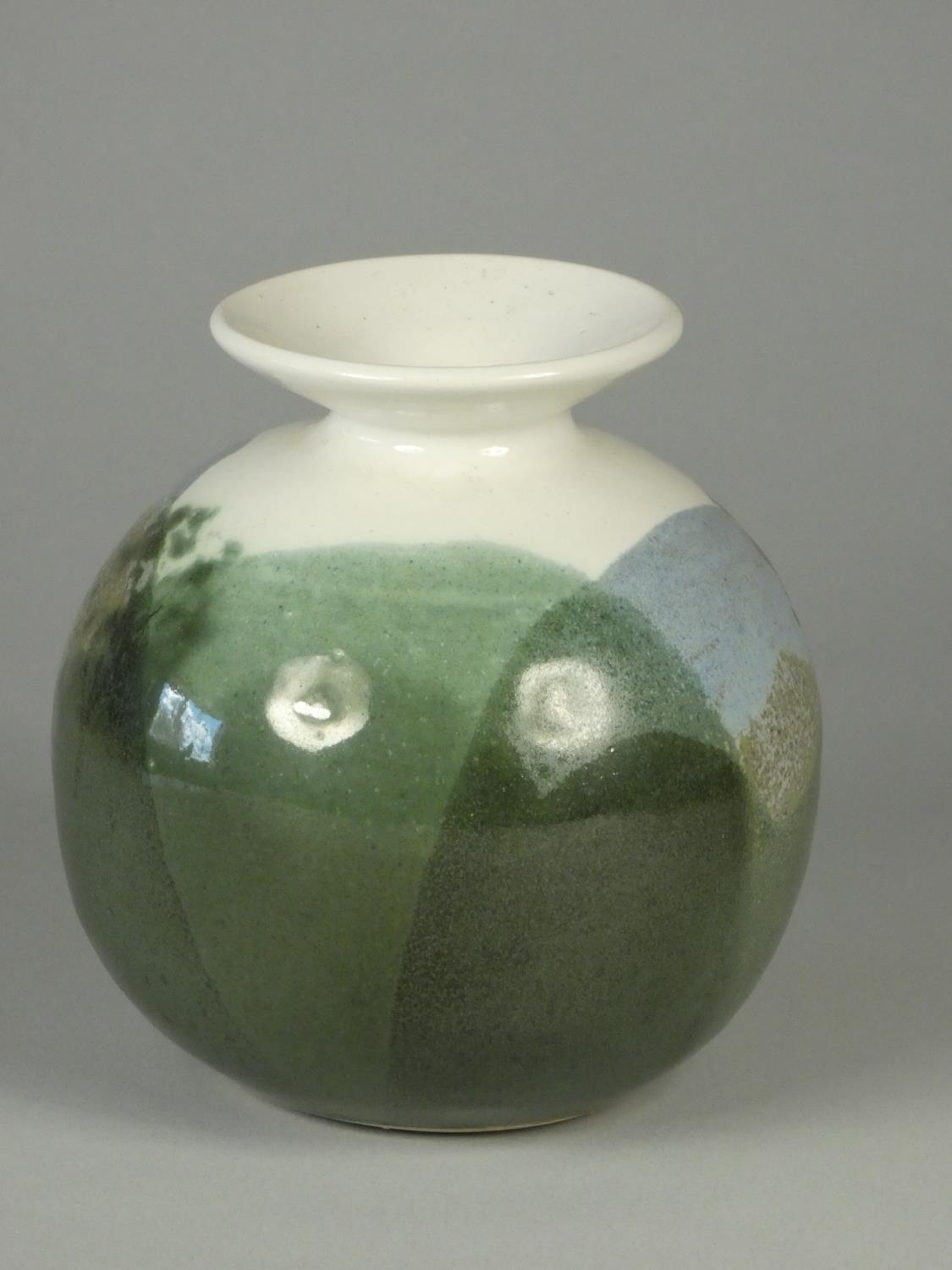 Syl and Ray Marco white ceramic vase, with green and blue glaze, impressed mark on base, height 13.5 - Image 2 of 4