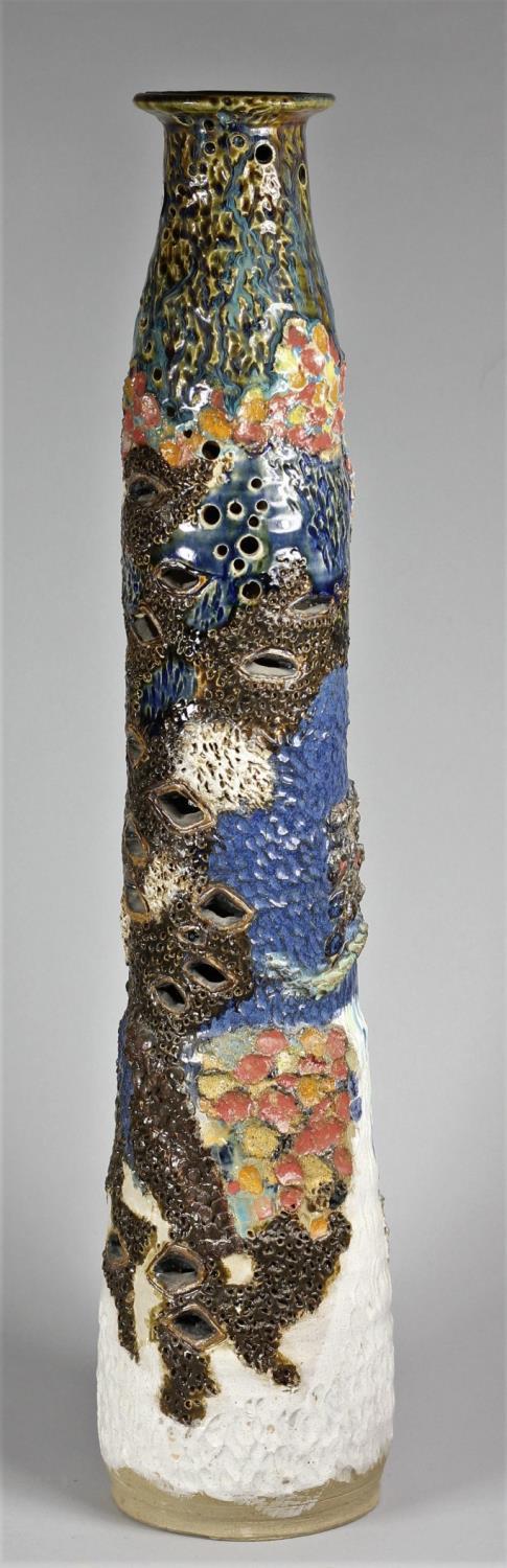A blue, white and brown glazed studio pottery vase, with ocean design, height 55 cm
