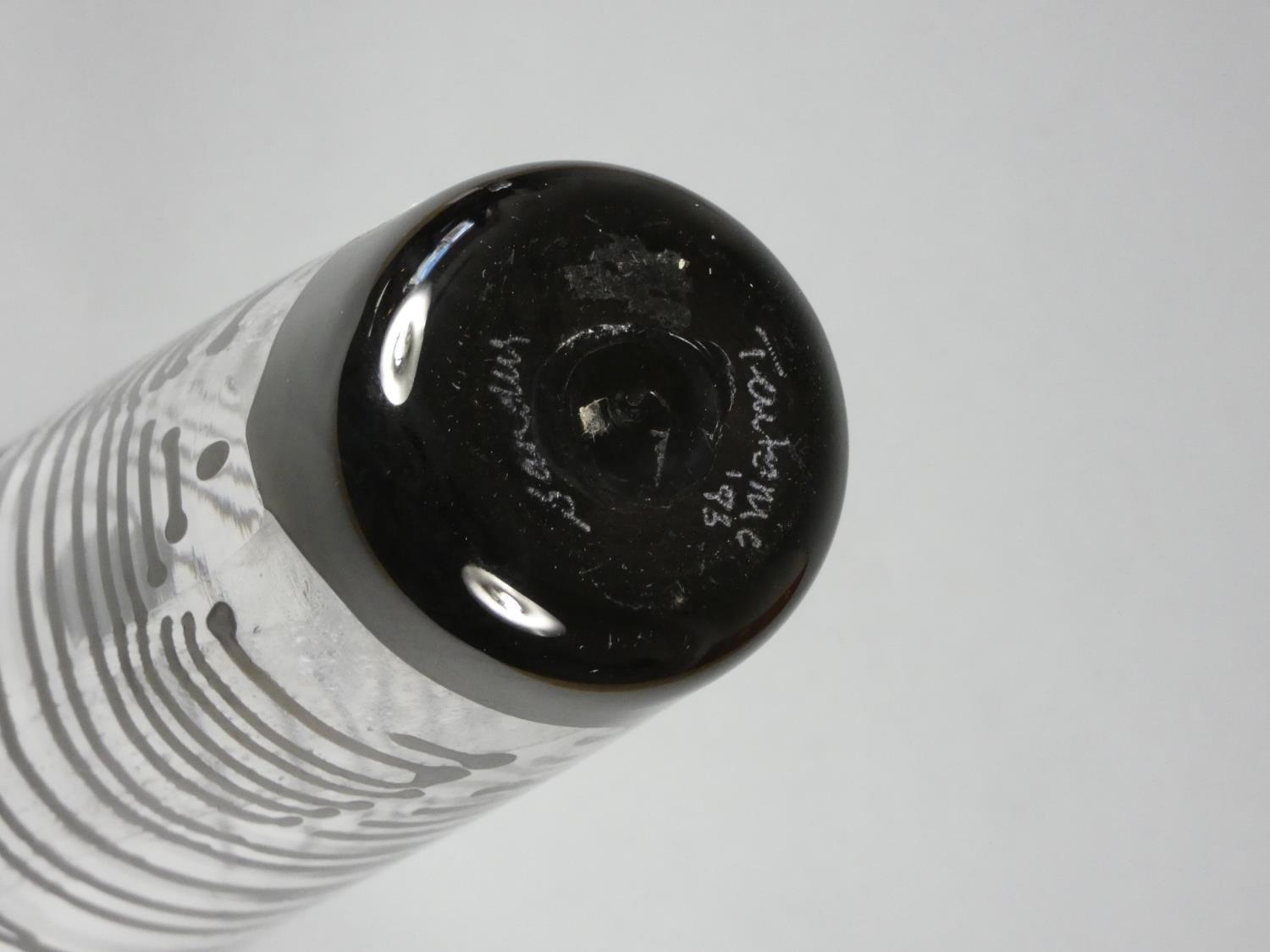 Andrew Sanders, glass vase with black lines, engraved taitome '83 on base, height 25 cm - Image 4 of 4